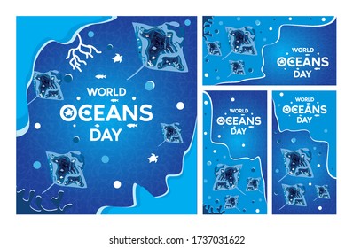 Paper art concept of World Oceans Day. The celebration dedicated to help protect, and conserve world oceans, water, ecosystem. Fish and plants. Vector illustration.