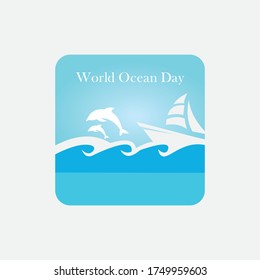 Paper art concept of World Oceans Day. The celebration dedicated to help protect, and conserve world oceans, water, ecosystem. Blue 3d origami craft paper of sea waves, fish and plants