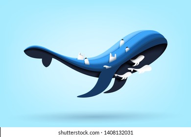 Paper art of conservation and sustainable environment and ecology concept.Blue whale family and ocean with waste and garbage of plastic product on the sea.Vector illustration.