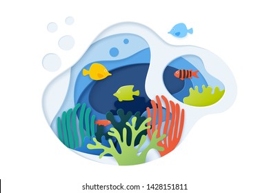 Paper art coral reefs background. Paper cut underwater background with coral reefs, color fishes, seaweed, bubbles and waves.  Ocean wildlife. Vector illustration