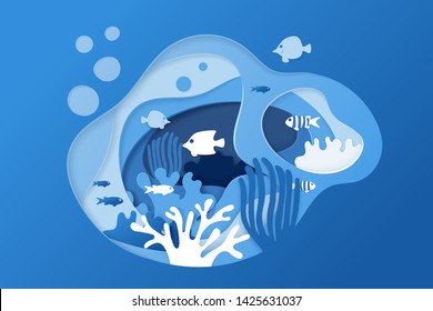 Paper art coral reefs concept. Paper cut underwater ocean background with coral reefs, fishes, seaweed, bubbles and waves. Vector illustration