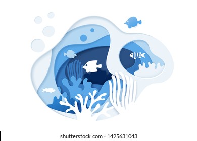 Paper art coral reefs concept. Paper cut underwater ocean background with coral reefs, fishes, seaweed, bubbles and waves. Vector illustration