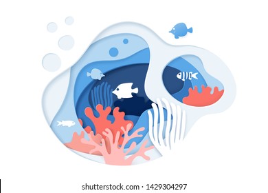 Paper art coral reefs concept. Paper cut underwater ocean background with coral reefs, fishes, seaweed, bubbles and waves. Vector illustration