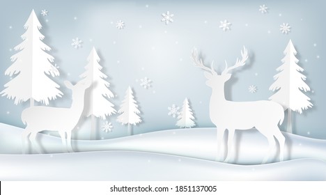 Paper art of couple deer and pine tree, winter background illustration