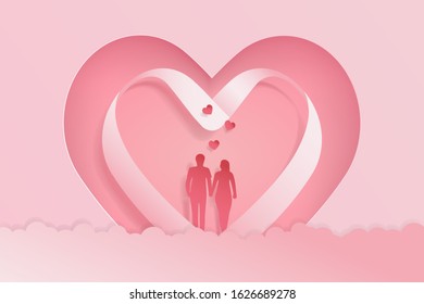Paper art of couple and hearts hang on sky, origami and valentine's day concept, vector art and illustration, digital craft style.
