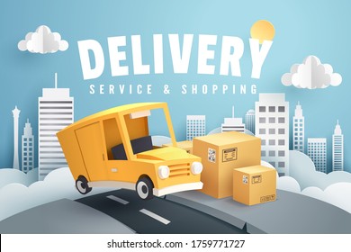 Paper art of courier van in town and ready for delivery service, vector art and illustration.