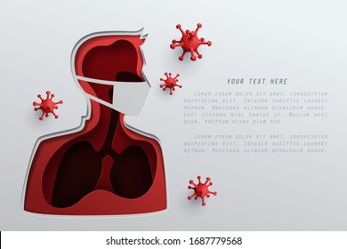 Paper art of Covid-19 virus cell cannot move into lung and body of human with mask protection, medical and healthy concept, vector art and illustration.
