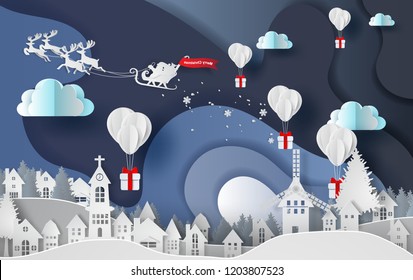 Paper art and craft of balloons gift on Abstract Curve shape blue sky background.City town of landscape winter season.Snowfall season in the city.Creative design paper cut for card vector.illustration