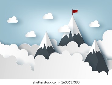Paper art and craft of business concept with landscape and flying airplane on the sky over the cloud and mountain. Vector illustration eps10.