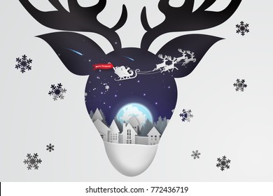 Paper art and craft of christmas with reindeer concept background,vector,illustration
