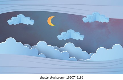 paper art craft concept moon sky in midnight blue background water color texture vector art and illustration.