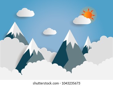 paper art and craft design of the sun shines brightly with coluds and mountains 