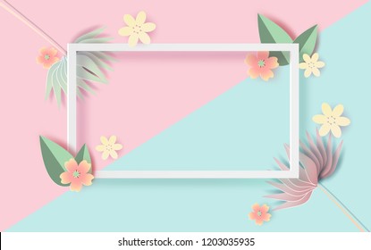 Paper art and craft of Floral rectangle frame with place for text.Spring season with flowers of pastel sweet tone color.Graphic Lovely nature with colorful minimal banner.vector illustration EPS10