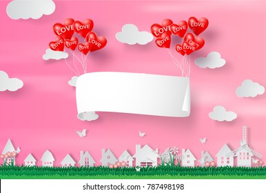 Paper art and craft of happy Valentine Day,Paper signboard air balloon heart floating on cityscape,cloudscape,pink,heart.Vector illustration