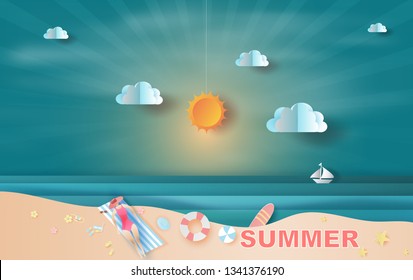 Paper art and craft of illustration summer sea view with sunlight,Summer time for swimming equipment,People 
sunbathing on beach,Graphic design Seaside landscape,Paper cut style digital idea,vector