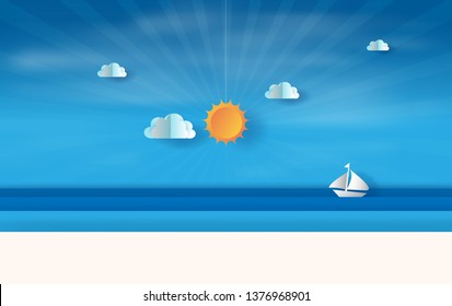 Paper art and craft of illustration summer sea view with sunset,summer time season concept,Boat floating in the sea on blue sky.Graphic design Seaside landscape ,Paper cut style digital idea,vector