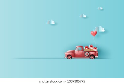 Paper art and craft of Illustration travel in holiday with red classic pickup truck car,Vintage pickup truck by Balloon gift box for pastel color background,Festival period of celebration vector.