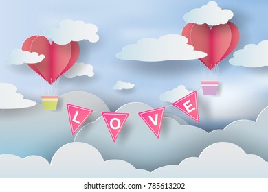 Paper art and craft of love Invitation card Valentine's day with text love flag and ballon,clouds,pink heart. Vector