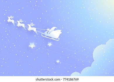 Paper art and craft of merry christmas and happy new year. Illustration of santa claus fly on the night sky background with sleigh and reindeer.