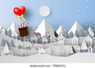 Paper art and craft of Merry Christmas with ballon gift Float above cityscape concept,heart,snow ,landscape,vector