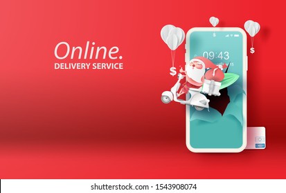 Paper art and craft of smartphone for online shopping summer Christmas your text space background.Santa Claus Delivery services on mobile phone concept.Application order internet.vector.illustration.