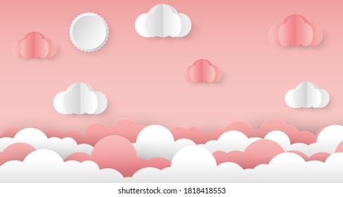 Paper art and craft stlye illustration of love and Holiday on pink background concept, Origami made pink white cloud with white sun on the sky. Vector illustration