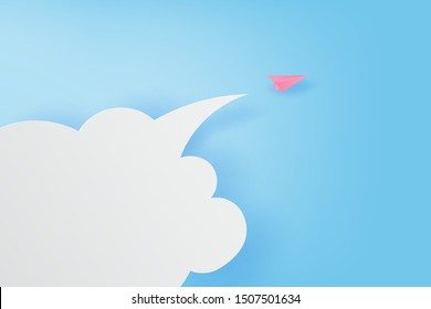 Paper art and craft style of paper airplanes flying on blue sky and clouds, Creative design paper cut business success and leadership concept idea,Your text space pastel background,Vector illustration