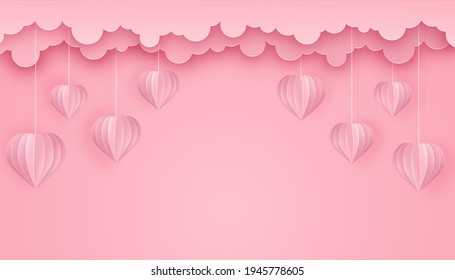 Paper art and craft style background. Cut out paper 3d hearts on chains on pink background with clouds. Vector illustration for Happy Women's Day, Mothers Day, Valentine's Day, Birthday .