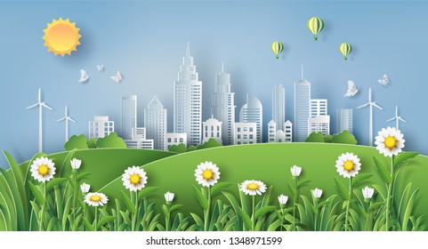 Paper art and craft style of beautiful daisy flowers field and green city, save the planet and energy concept, flat-style vector illustration.