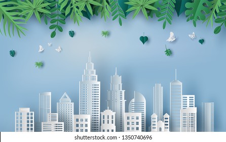 Paper art and craft style of beautiful leaves and green city, save the planet and energy concept, flat-style vector illustration.