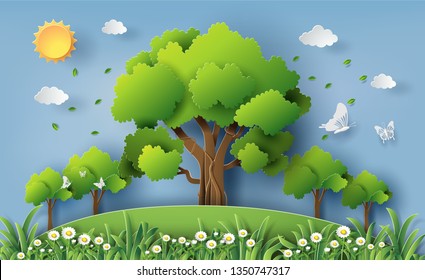 Paper art and craft style of beautiful daisy flowers field with many trees in a forest, save the planet and energy concept, flat-style vector illustration.