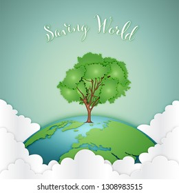 Paper art and craft style of the big tree on the world as lover the earth , saving world , nature and healthy concept. vector illustration.