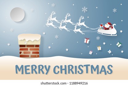 Paper art, craft style of Chimney on the roof, Santa Claus and reindeer coming to the village to give children a gift with snowing, Merry Christmas and Happy New Year