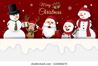 Paper art, Craft style of Christmas party with Santa Claus, Snowman and reindeer on card invitation, Merry Christmas and Happy New Year