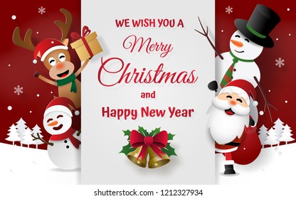 Paper art, Craft style of Christmas party with Santa Claus, Snowman and reindeer on card invitation, Merry Christmas and Happy New Year