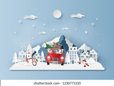 Paper art, Craft style of Christmas red car in the village, Merry Christmas and Happy New Year