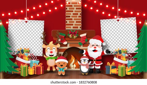 Paper art, Craft style of Christmas party with Santa Claus and friends in home with hanging blank photo, Merry Christmas and Happy New Year