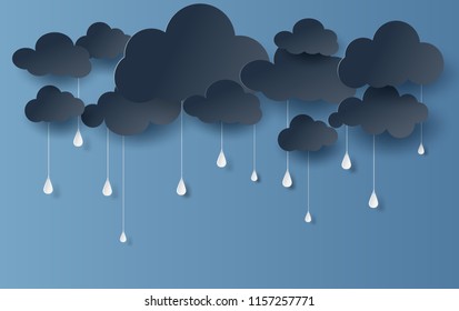 Paper art and craft style of Cloud and rainy season on dark background,vector.illustration