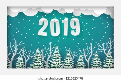 Paper art, Craft style of Frame of pine forest with text 2019, Merry Christmas and Happy New Year