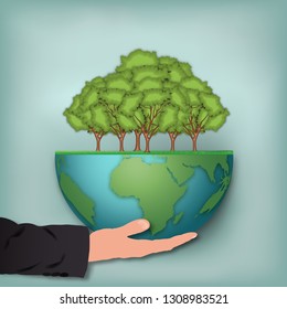Paper art and craft style of fresh air with trees in the forest on the world as lover the earth , nature and healthy concept. vector illustration.