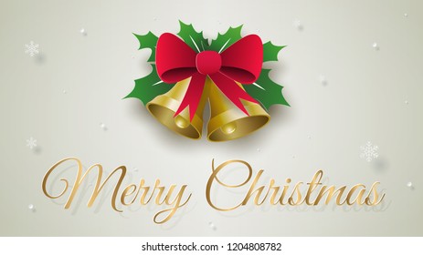 Paper art, Craft style of Golden Christmas bell with red ribbon, Merry Christmas and Happy New Year
