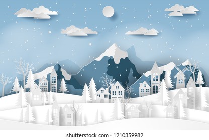 Paper art, Craft style of Landscape countryside village at snow valley in winter season, Merry Christmas and Happy New Year