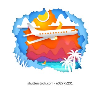Paper art and craft style. Mountains, sun, sea, palms and airplane is flying on the sky. Vector Paper cut illustration. Tropic landscape for travel, vacation, adventure banners.