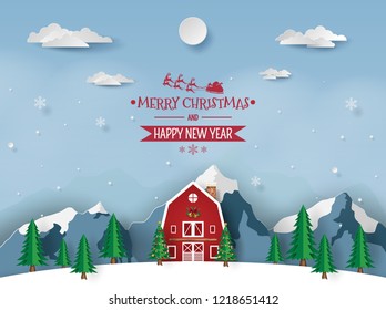 Paper art, Craft style of Red house in snow mountain, Merry Christmas and Happy New Year
