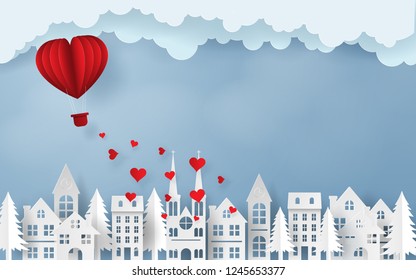 Paper art, Craft style of Red heart balloon flying to the sky over the village, Love and Happy Valentine's Day