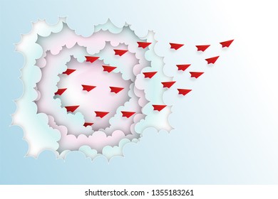 Paper art and craft style of  red paper airplanes flying on pastel sky and cloud as business success and leadership creative concept.Vector illustration