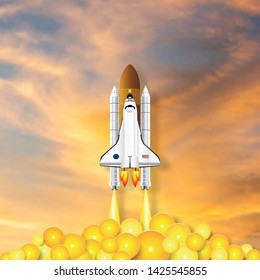 Arte de papel y estilo artesanal del lanzamiento de Rocket en el cielo naranja como concepto de innovación, tecnología y proyecto de empresa Startup. ilustración vectorial de diseño plano.