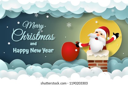 Paper art, Craft style of Santa Claus on Chimney with full moon and snowing, Going to the village to give children a gift, Merry Christmas and Happy New Year