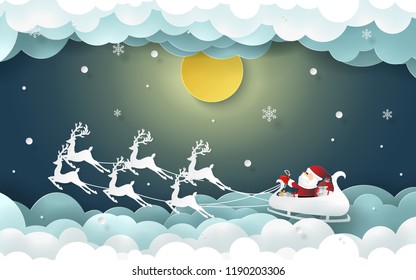 Paper art, Craft style of Santa Claus on Chimney with full moon and snowing, Going to the village to give children a gift, Merry Christmas and Happy New Year