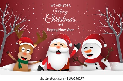 Paper art, Craft style of Santa Claus, Snowman and Reindeer in winter season, Merry Christmas and Happy New Year